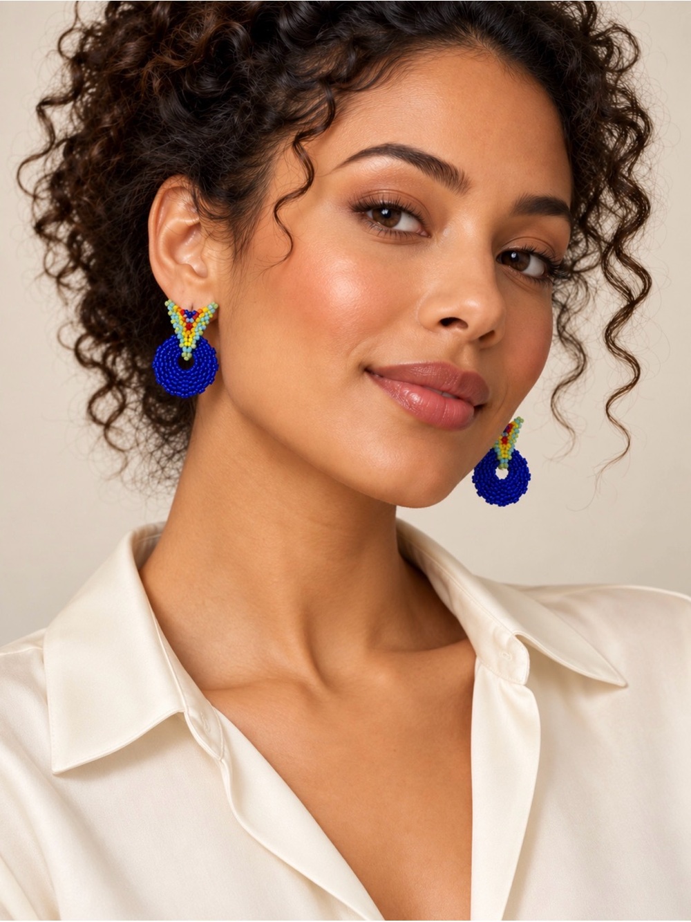 Handmade Blue Beaded Hoop Drop Earrings